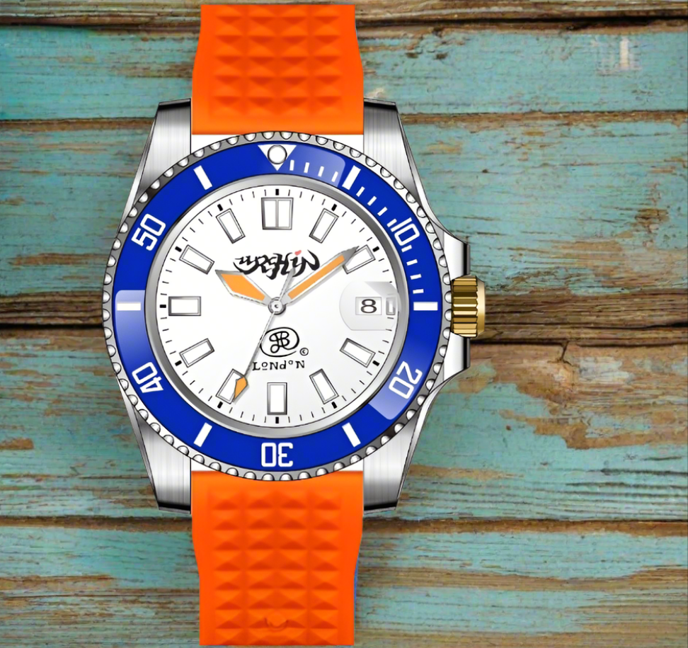 URCHIN Accessories & Watches. Limited Edition 'OYSTER DIVER' Blue & White 'Urchin London' Logo Watch. Orange Rubber Strap. *To Order only.