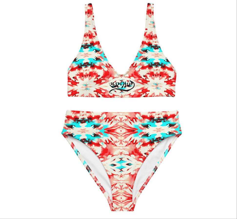 URCHIN Clothes & Swimwear. 'CORAL SEA' Red and Blue Tie Dye. Recycled High Waisted Bikini. Choice of Sizes.