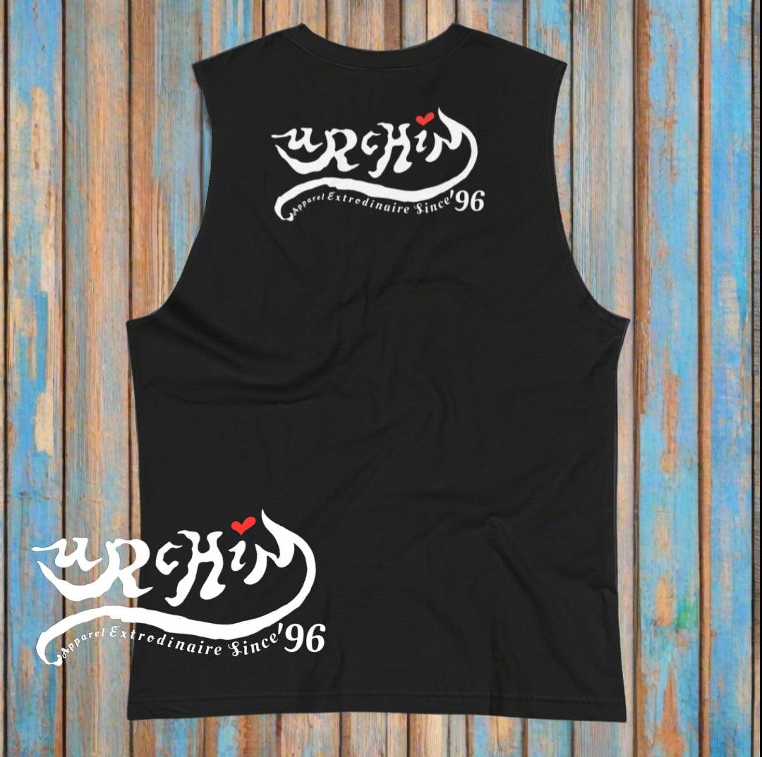 URCHIN 'U STAR' White Logo. Black Muscle T Shirt. Unisex. Choice of Sizes