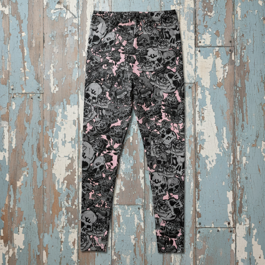 DARK URCHIN-'U Skull Storm' Skulls, Hearts Daggers, & Roses Leggings. Colour 'Coral' ( Pink ) Choice of Sizes.