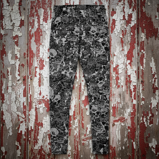 DARK URCHIN-'U Skull Storm' Skulls, Hearts Daggers, & Roses Leggings. Colour 'Metal' (Grey) Choice of Sizes.