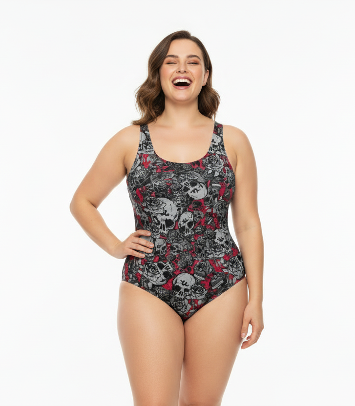 DARK URCHIN 'Skull Storm' One Piece Swimsuit. Colour 'Wine'(Red). Choice of Sizes.