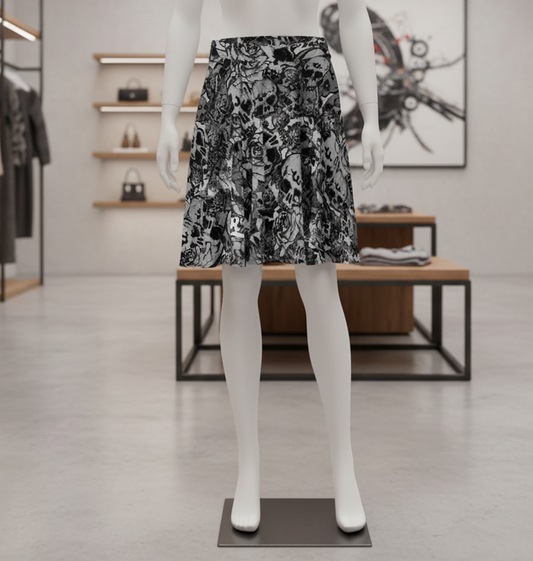 DARK URCHIN-'U Skull Storm' Skater Skirt. Colour 'Metal' (Grey) Choice of Sizes.