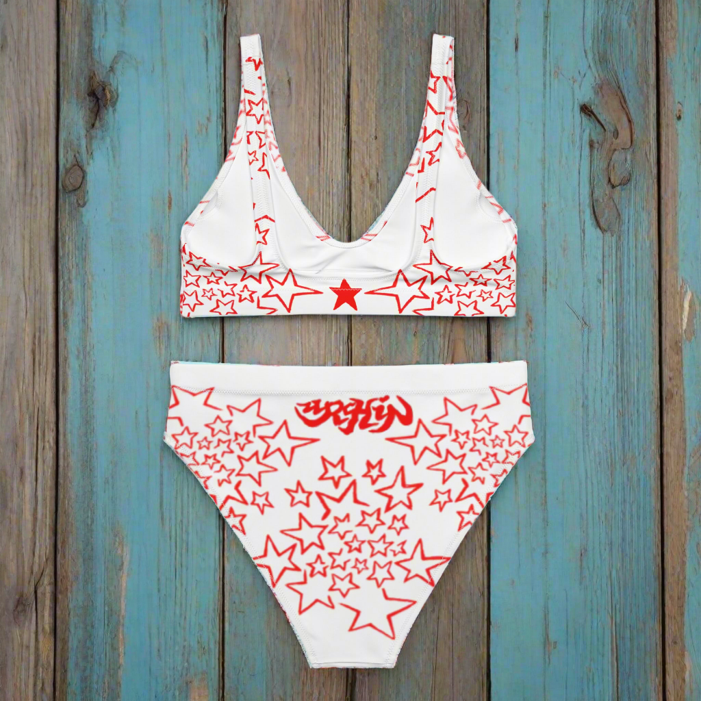 URCHIN-'STARS' Red on White. Recycled high-waisted bikini. Choice of Sizes.
