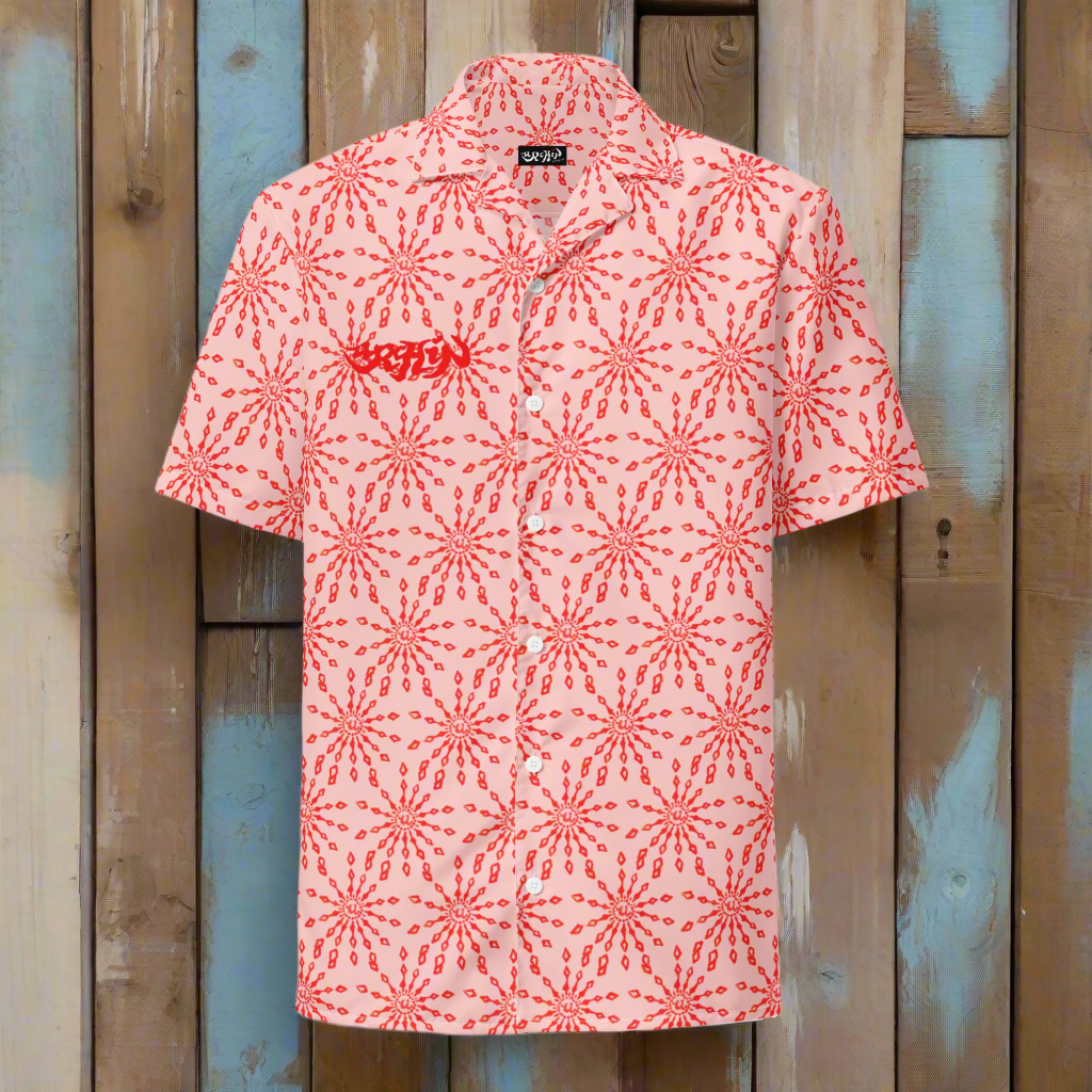 URCHIN 'U FIREWORK'. RED/CORAL Unisex button shirt. Multiple Sizes.