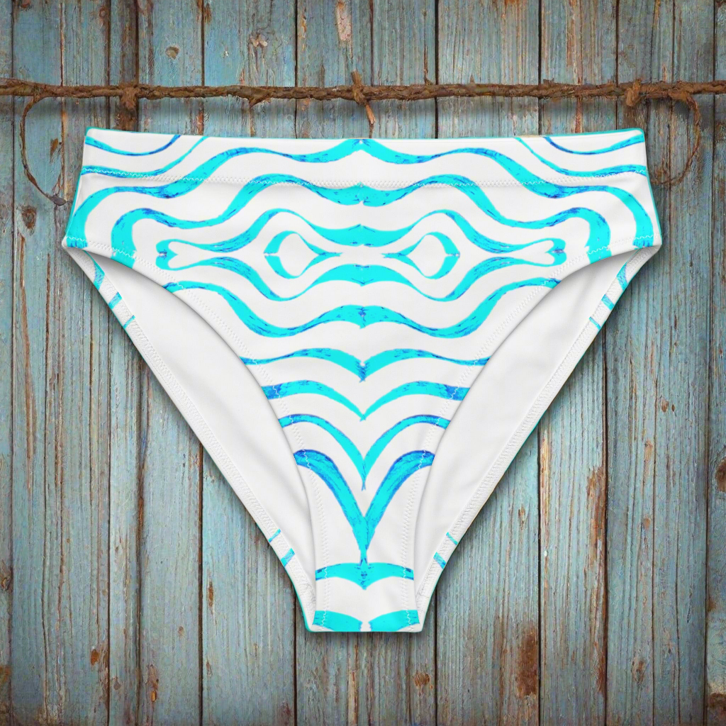 URCHIN Clothes & Swimwear. 'TATTOO WAVE' BLUE. Recycled high-waisted bikini bottom