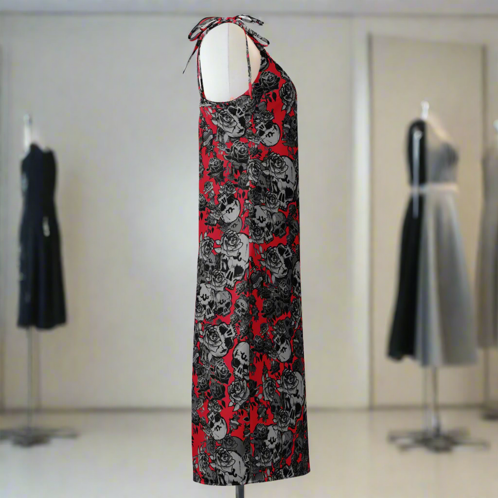 DARK URCHIN-'U Skull Storm' Skulls, Hearts Daggers, & Roses Tattoo Design. Tie-strap midi dress. Colour 'Grape'(Red) Choice of Sizes.