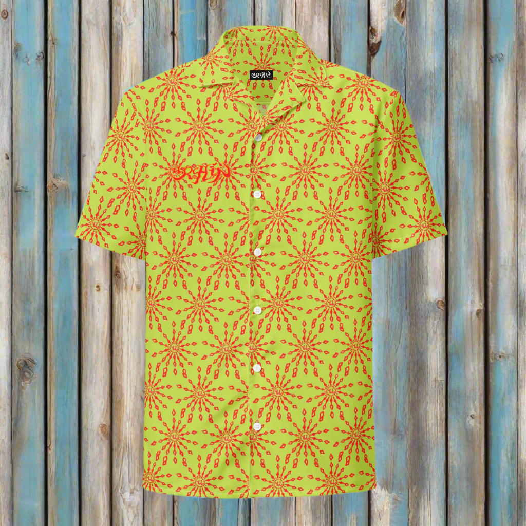 URCHIN 'U FIREWORK'. RED/LIME Unisex button shirt. Multiple Sizes.