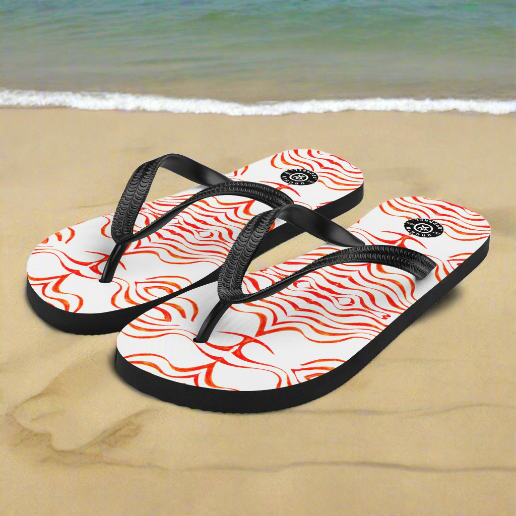 URCHIN Footwear. 'WAVE TATTOO' Red. Unisex Flip-Flops. Choice of 3 Sizes.
