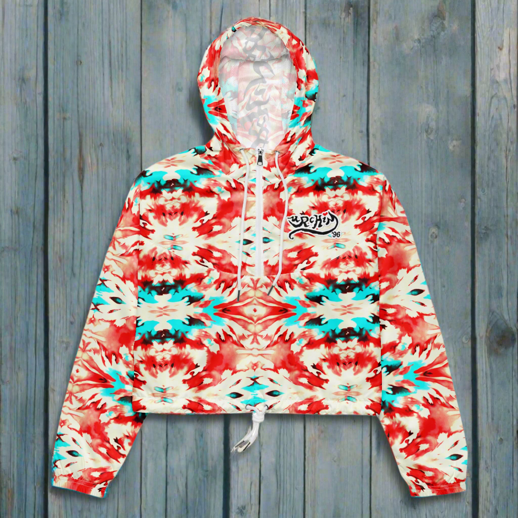 URCHIN Clothes & Sportswear 'CORAL SEA' Red and Blue Tie Dye. Women’s Cropped Windbreaker. Choice of Sizes.
