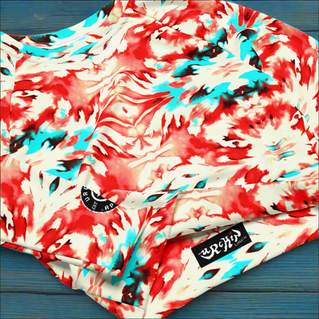 URCHIN Clothes & Sportswear 'CORAL SEA' Red and Blue Tie Dye Womens Recycled Long Sleeve Crop Top. Choice of Sizes.