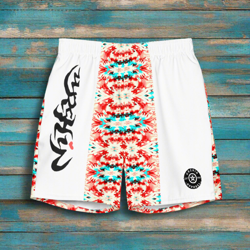 URCHIN Men's Swimwear. 'CORAL SEA' Red and Blue Tie Dye. Recycled Swim Board Shorts. Unisex. Choice of Sizes.