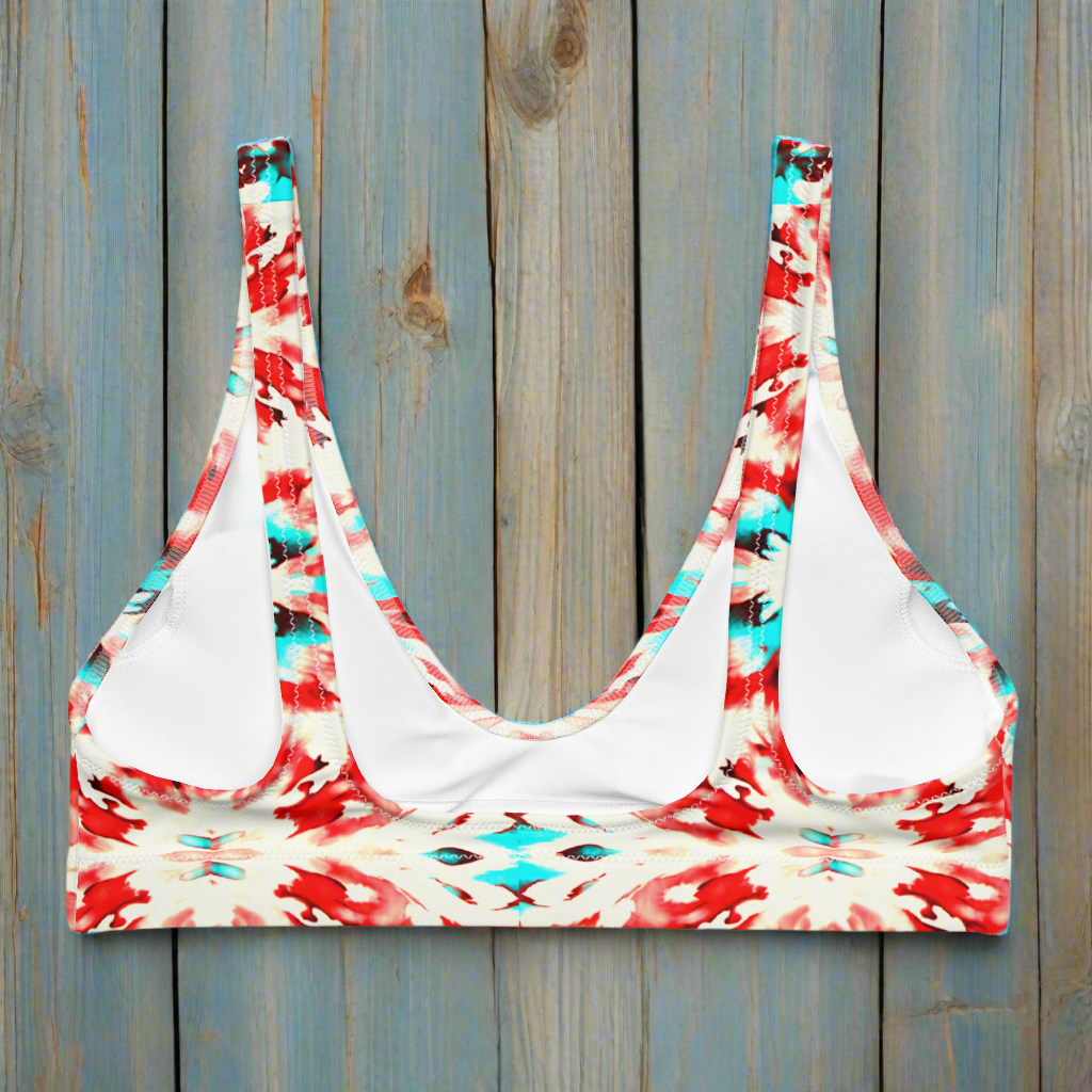 URCHIN 'CORAL SEA' Red and Blue Tie Dye. Recycled Padded Bikini Top. Choice of Sizes.