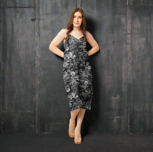 DARK URCHIN-'U Skull Storm' Skulls, Hearts Daggers, & Roses Tattoo Design. Tie-strap midi dress. Colour 'Night' (Black) Choice of Sizes.