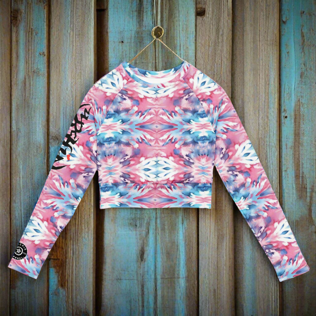 URCHIN Clothes & Sportswear 'CORAL SEA' Pink and Blue Tie Dye. Recycled Long-Sleeve Crop Top. Choice of Sizes.