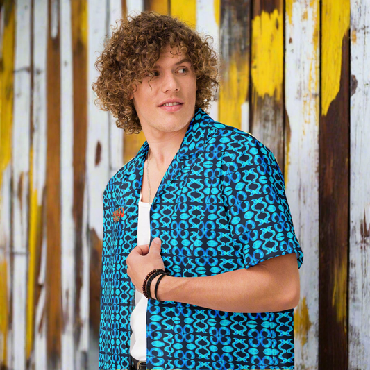 URCHIN 'BLUE SEA SHELLS' 'Blueberry'(Dark Blue). Unisex button shirt. Multiple Sizes.