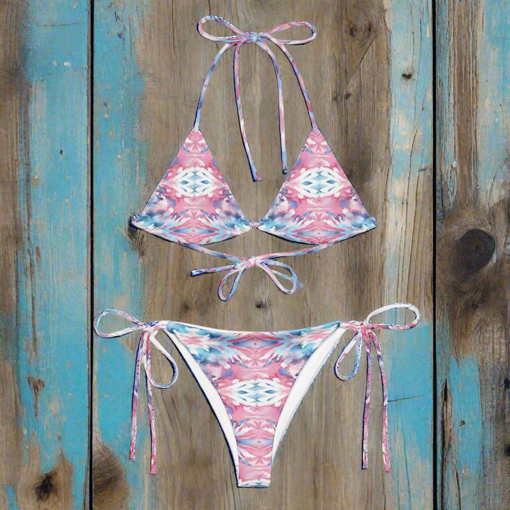 URCHIN Clothes & Swimwear. 'CORAL SEA' Pink and Blue Tie Dye. Recycled String Tie Bikini Set. Choice of Sizes.