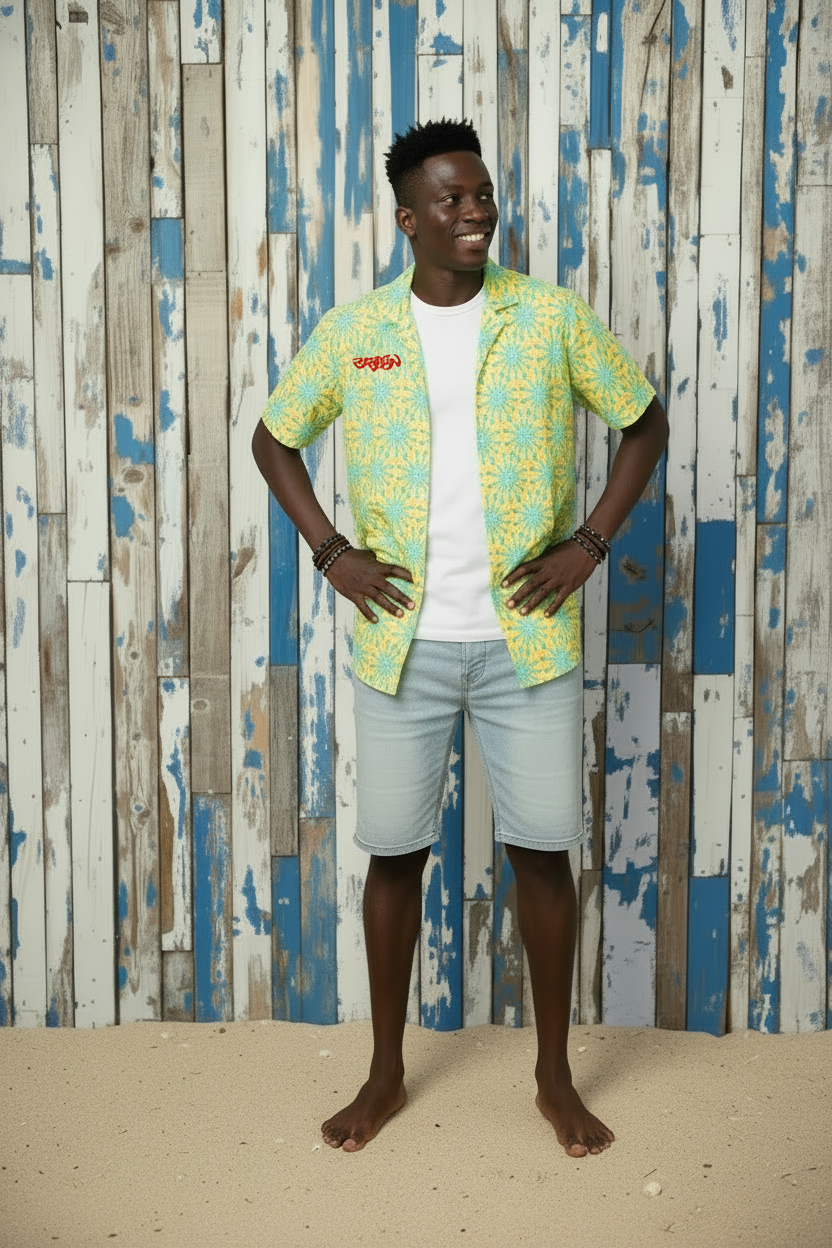 URCHIN 'U FIREWORK'. BLUE/PINEAPPLE Unisex button shirt. Multiple Sizes.