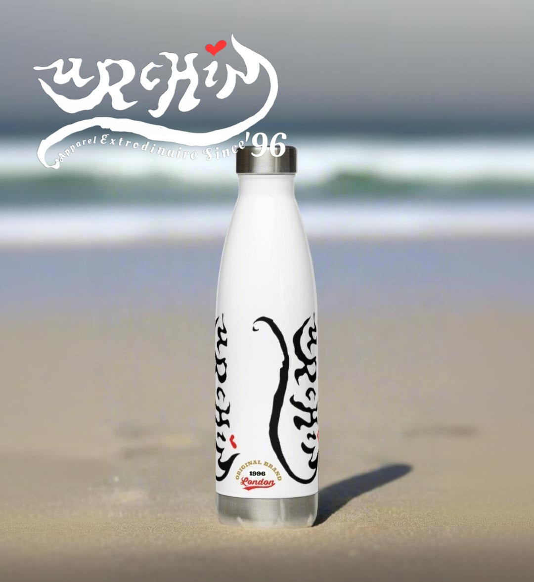 URCHIN Hydration Stainless Steel water bottle. Black Logo on White.
