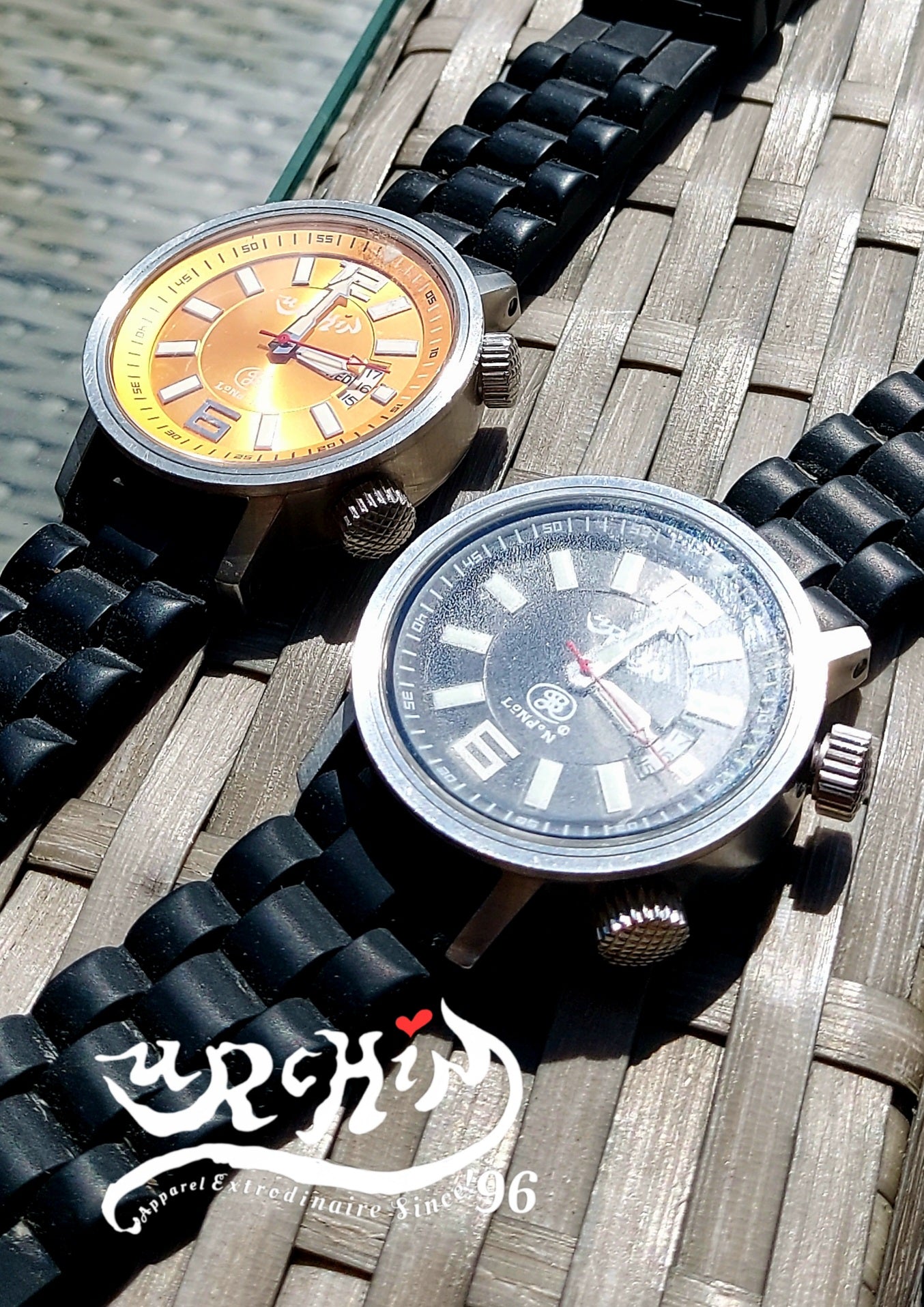 URCHIN Accessories & Watches. Black 'RETRO DIVER' 'Urchin London' Logo Watch. Rubber Strap. *To Order only.
