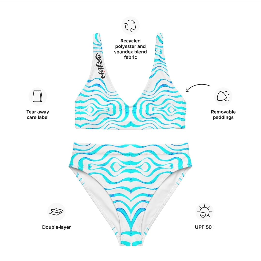 URCHIN -'TATTOO WAVE' BLUE. Recycled high-waisted bikini.