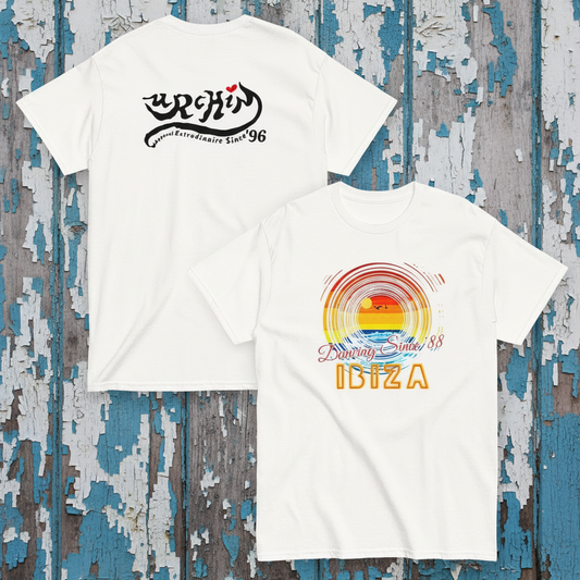 URCHIN 'IBIZA Sunset Spin'. White T Shirt. Unisex.