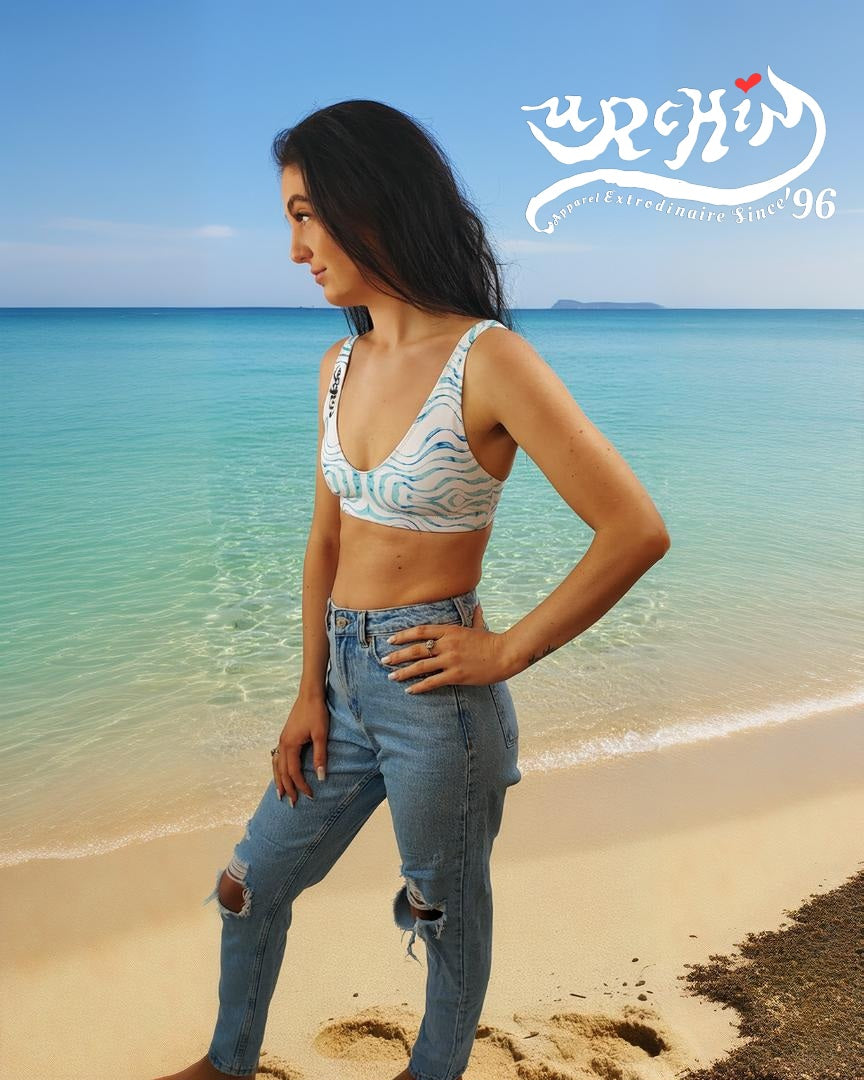 URCHIN Clothes & Swimwear. 'TATTOO WAVE' BLUE. Recycled high-waisted bikini.