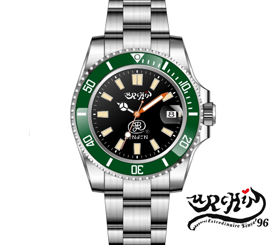 URCHIN Accessories & Watches. 'CRONOGRAPH DIVER' Black & Gold Face. 'Urchin'& 'JSP London' Logo. Green & White Bezel. Steel Body and Strap. *Made to order only.