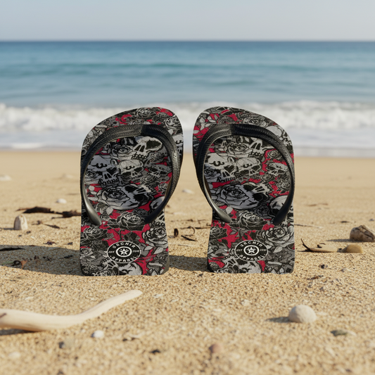 DARK URCHIN-'U Skull Storm' Skulls, Hearts Daggers, & Roses Flip-Flops. Colour 'Wine' (Deep Red) Choice of Sizes.