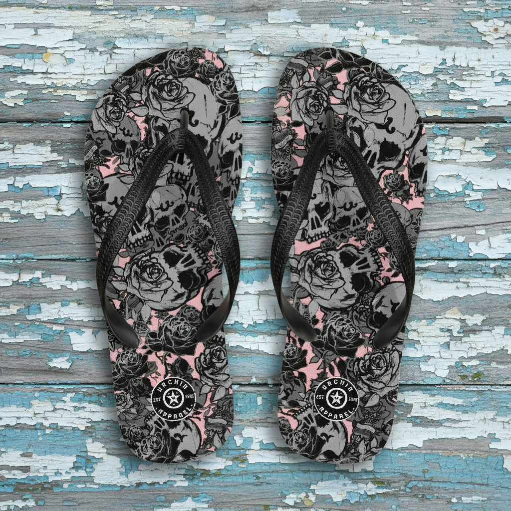 DARK URCHIN-'U Skull Storm' Skulls, Hearts Daggers, & Roses Flip-Flops. Colour 'Coral' (Pink) Choice of Sizes.