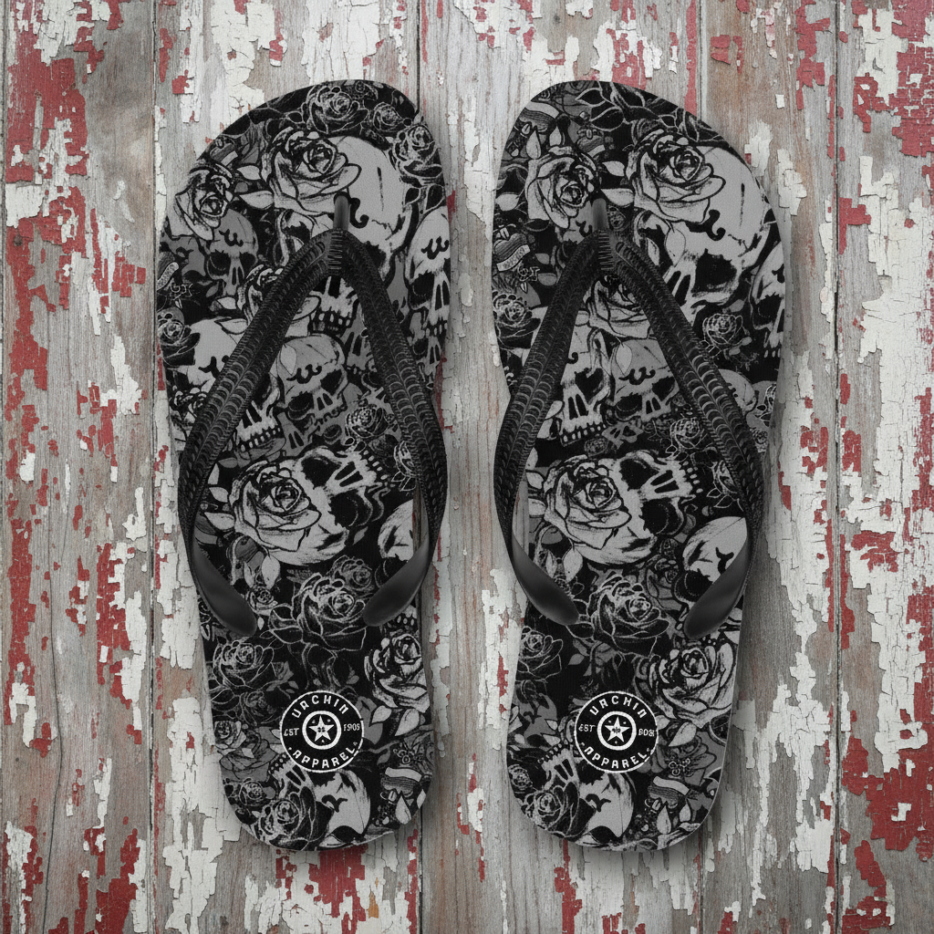 URCHIN 'Skull Storm' Black. Unisex Flip-Flops. Choice of 3 Sizes.