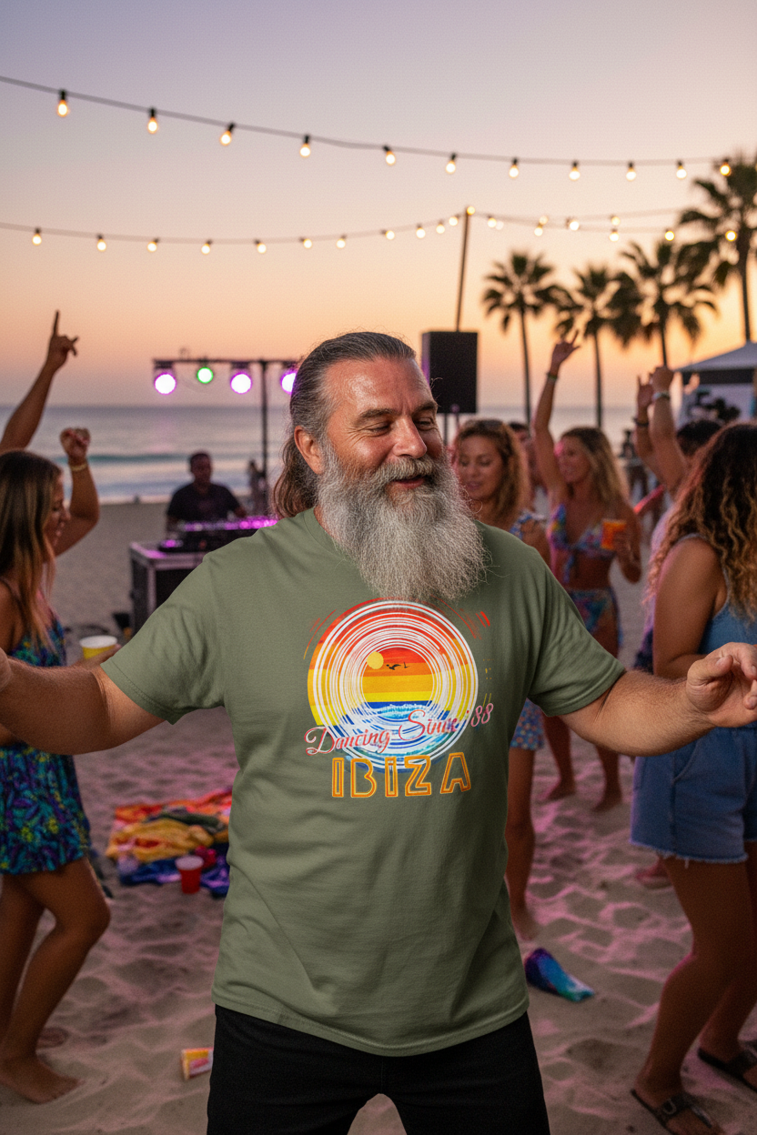 URCHIN 'Ibiza Sunset Spin' Unisex T Shirt. Dark Colours