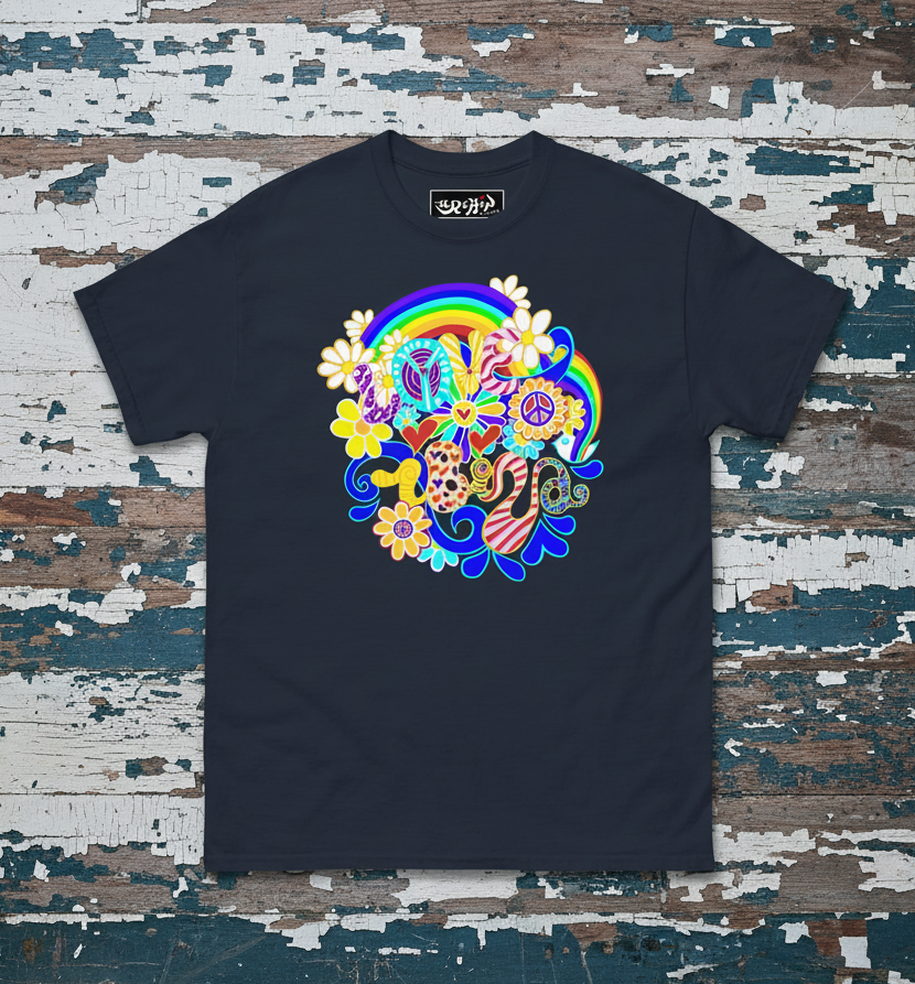 URCHIN 'LOVE IBIZA' Retro Hippy Graphic T-Shirt - Unisex '70s Summer Vibe Streetwear. Dark Colours.