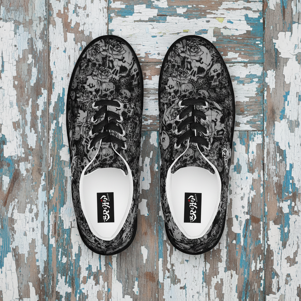 URCHIN 'Skull Storm'. 'Night' (Black). Women’s lace-up Canvas Sneakers. Choice of Sizes. Black or White Detailing.