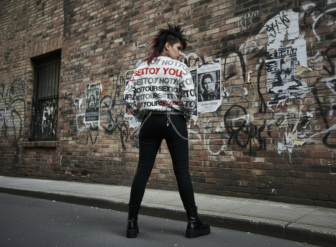 DARK URCHIN 'NOT YOUR SEX TOY' Grey & Red on White. Women’s straight bottom knitted sweater. XL
