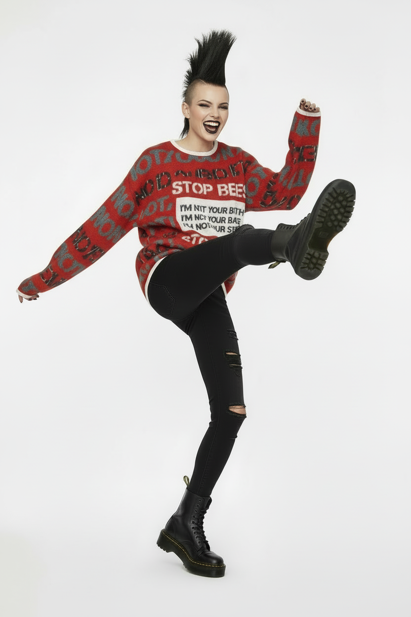 DARK URCHIN 'STOP PRESS NOT YOUR SEX TOY' Grey & Black on Red. Women’s straight bottom knitted sweater. 2XL