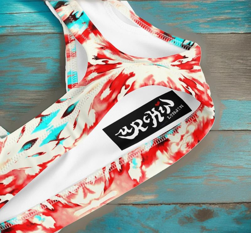 URCHIN 'CORAL SEA' Red and Blue Tie Dye. Recycled Padded Bikini Top. Choice of Sizes.