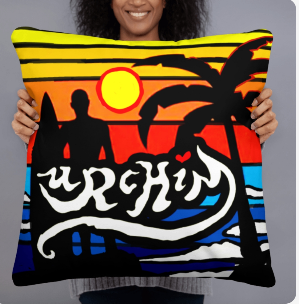 URCHIN Pillow -'Surfer Sunrise'. 'Surf, Party, Surf, Dance, Surf, Eat, Sleep, Repeat' Reverse ( Large ).