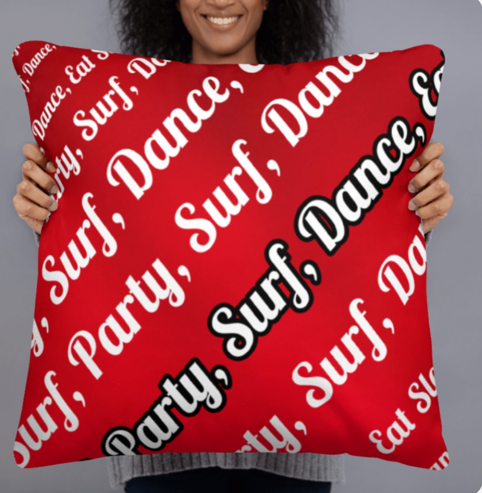 URCHIN Pillow -'Surfer Sunrise'. 'Surf, Party, Surf, Dance, Surf, Eat, Sleep, Repeat' Reverse ( Large ).