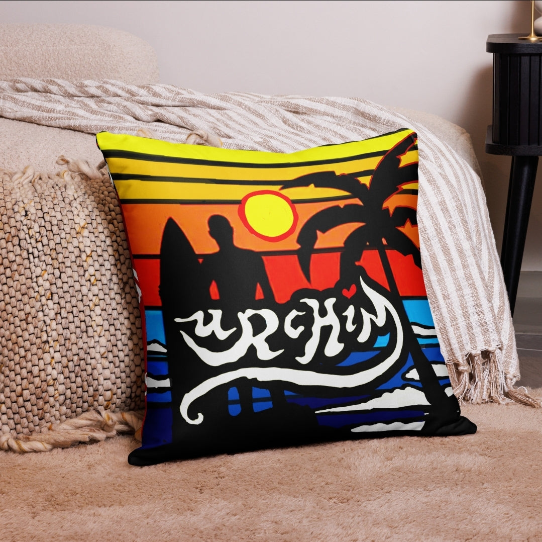 URCHIN Pillow-'Surfer Sunrise'. 'Surf, Party, Surf, Dance, Surf, Eat, Sleep, Repeat' Reverse Pillow ( medium size ).