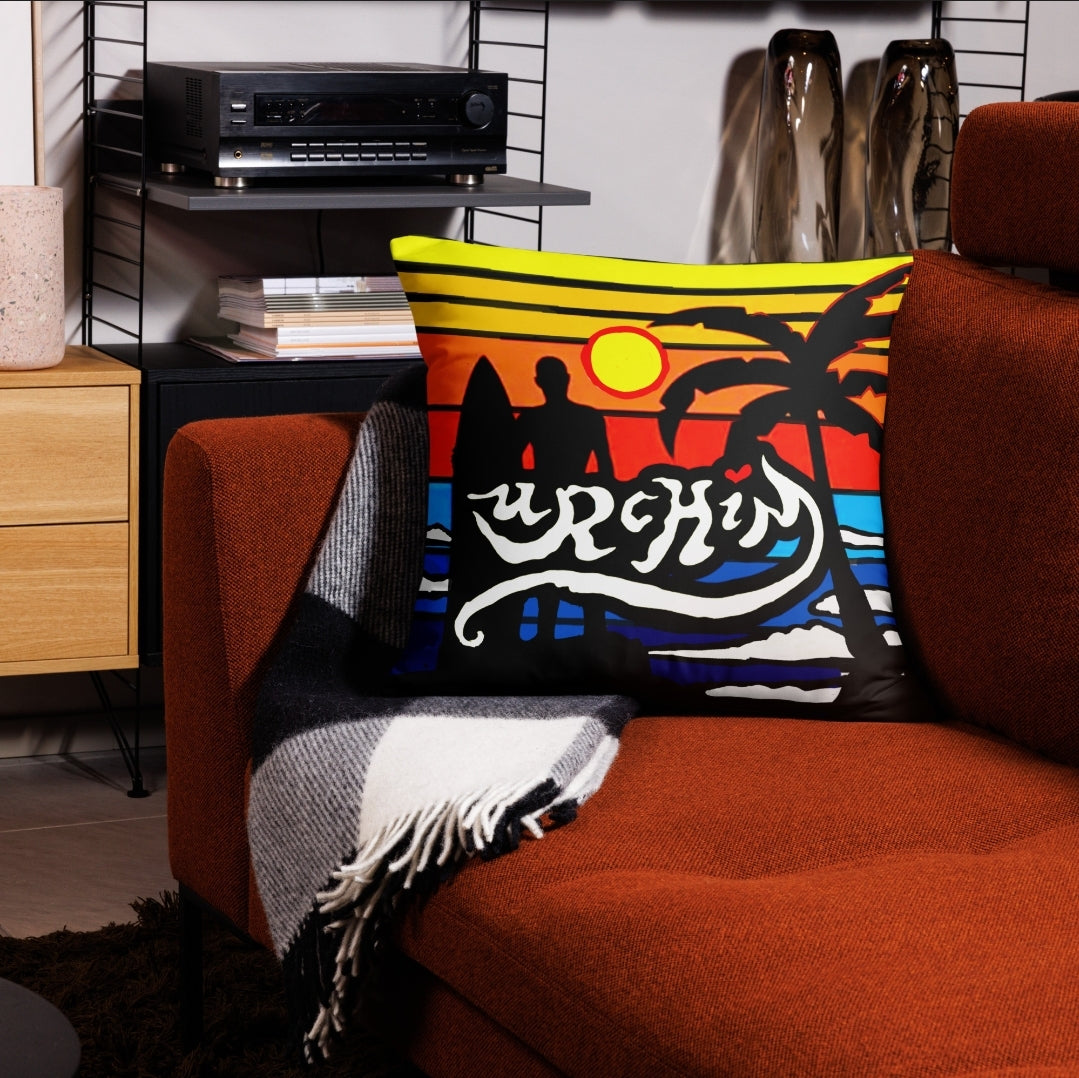 URCHIN Pillow-'Surfer Sunrise'. 'Surf, Party, Surf, Dance, Surf, Eat, Sleep, Repeat' Reverse Pillow ( medium size ).