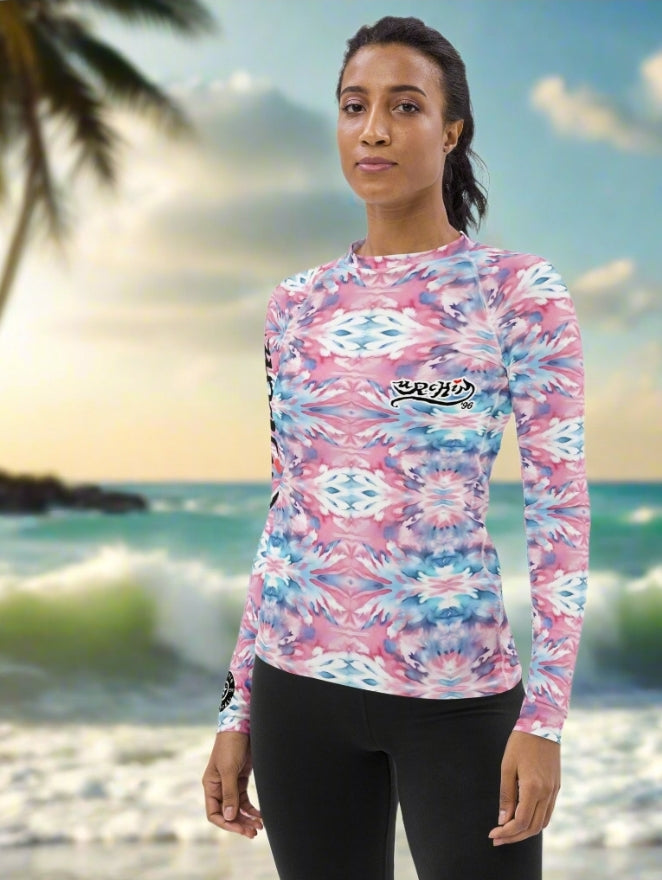 URCHIN Clothes & Swimwear. 'CORAL SEA' Pink and Blue Tie Dye. Womens Rash Guard. Choice of Sizes.