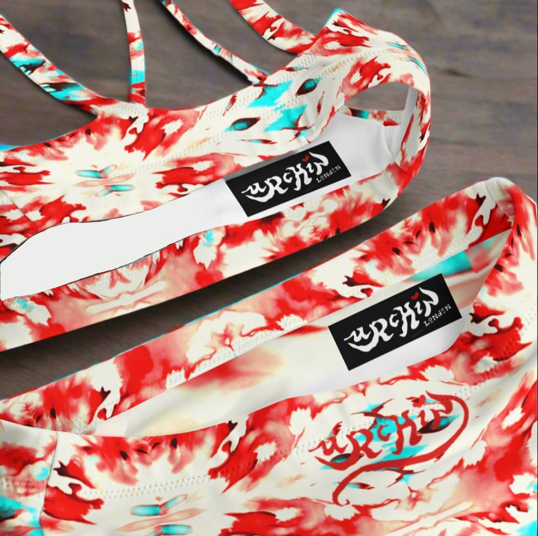 URCHIN Clothes & Swimwear. 'CORAL SEA' Red and Blue Tie Dye. Recycled High Waisted Bikini. Choice of Sizes.