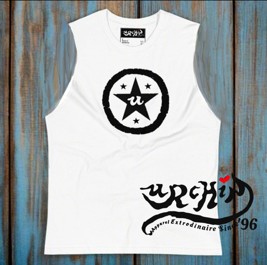 URCHIN Clothes 'U STAR' Black Logo. White Muscle T Shirt. Unisex. Choice of Sizes.
