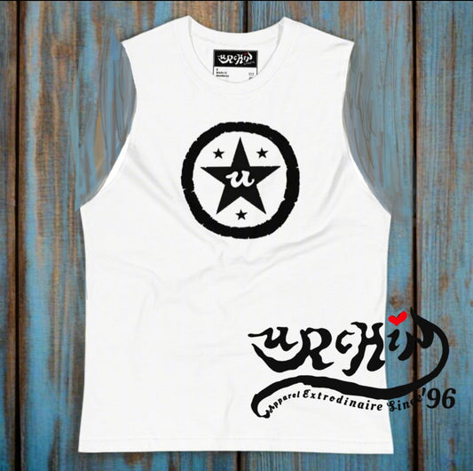 URCHIN Clothes 'U STAR' Black Logo. White Muscle T Shirt. Unisex. Choice of Sizes.