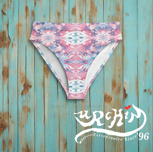 URCHIN Clothes & Swimwear. 'CORAL SEA' Pink and Blue Tie Dye. Recycled High Waisted Bikini Bottom. Choice of Sizes.