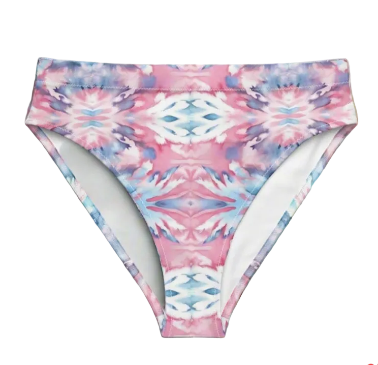 URCHIN-'CORAL SEA' Pink and Blue Tie Dye. Recycled High Waisted Bikini Bottom. Choice of Sizes.
