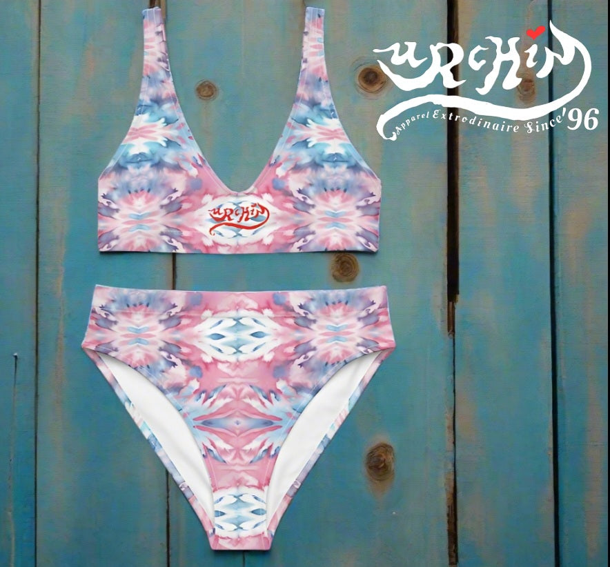 URCHIN-'CORAL SEA' Pink and Blue. Recycled High Waisted Bikini. Choice of Sizes.