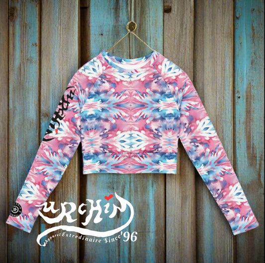 URCHIN Clothes & Sportswear 'CORAL SEA' Pink and Blue Tie Dye. Recycled Long-Sleeve Crop Top. Choice of Sizes.