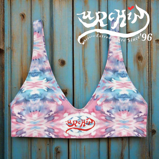 URCHIN Clothes & Swimwear. 'CORAL SEA' Pink and Blue Tie Dye. Recycled Padded Bikini Top. Choice of Sizes.